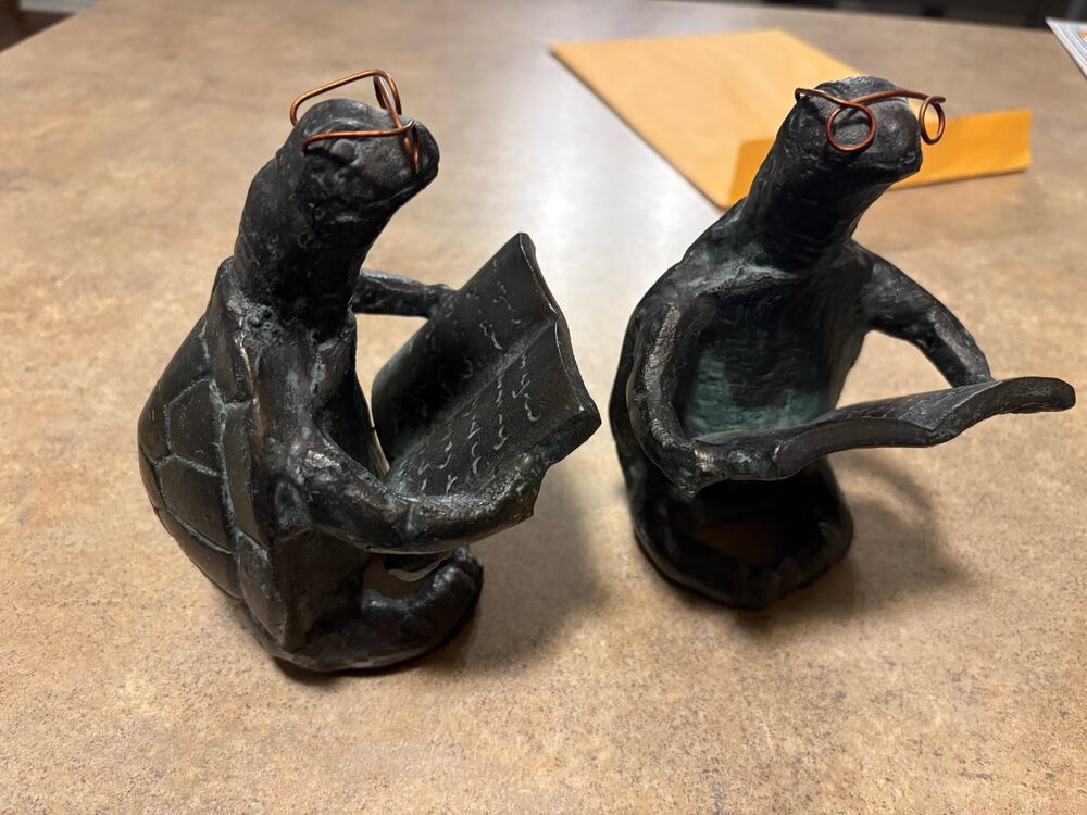pair of vintage brass sea turtle reading book figurines by SPI Home
